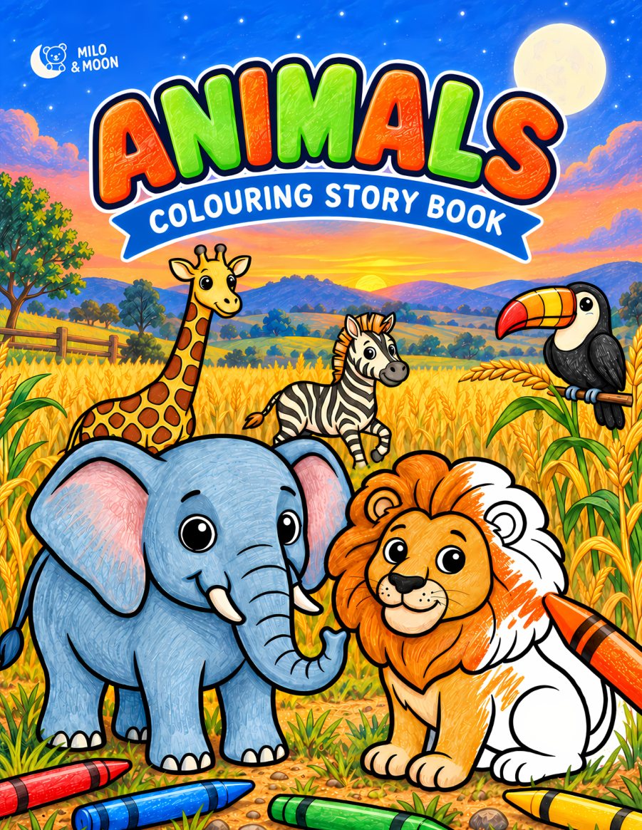 Animals, a colouring story book